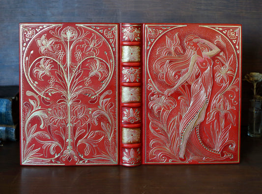 Vermillion Leather Journal, Hand tooled with gold foil, The Nymph's Garden