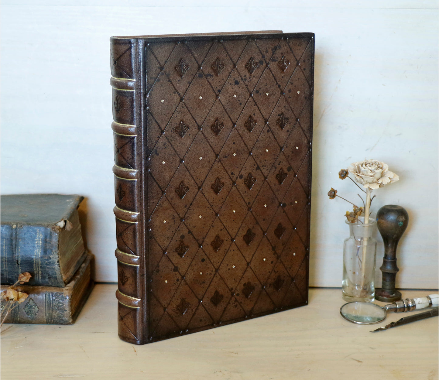 Brown leather journal with tooled diamond decoration. One of a Kind.