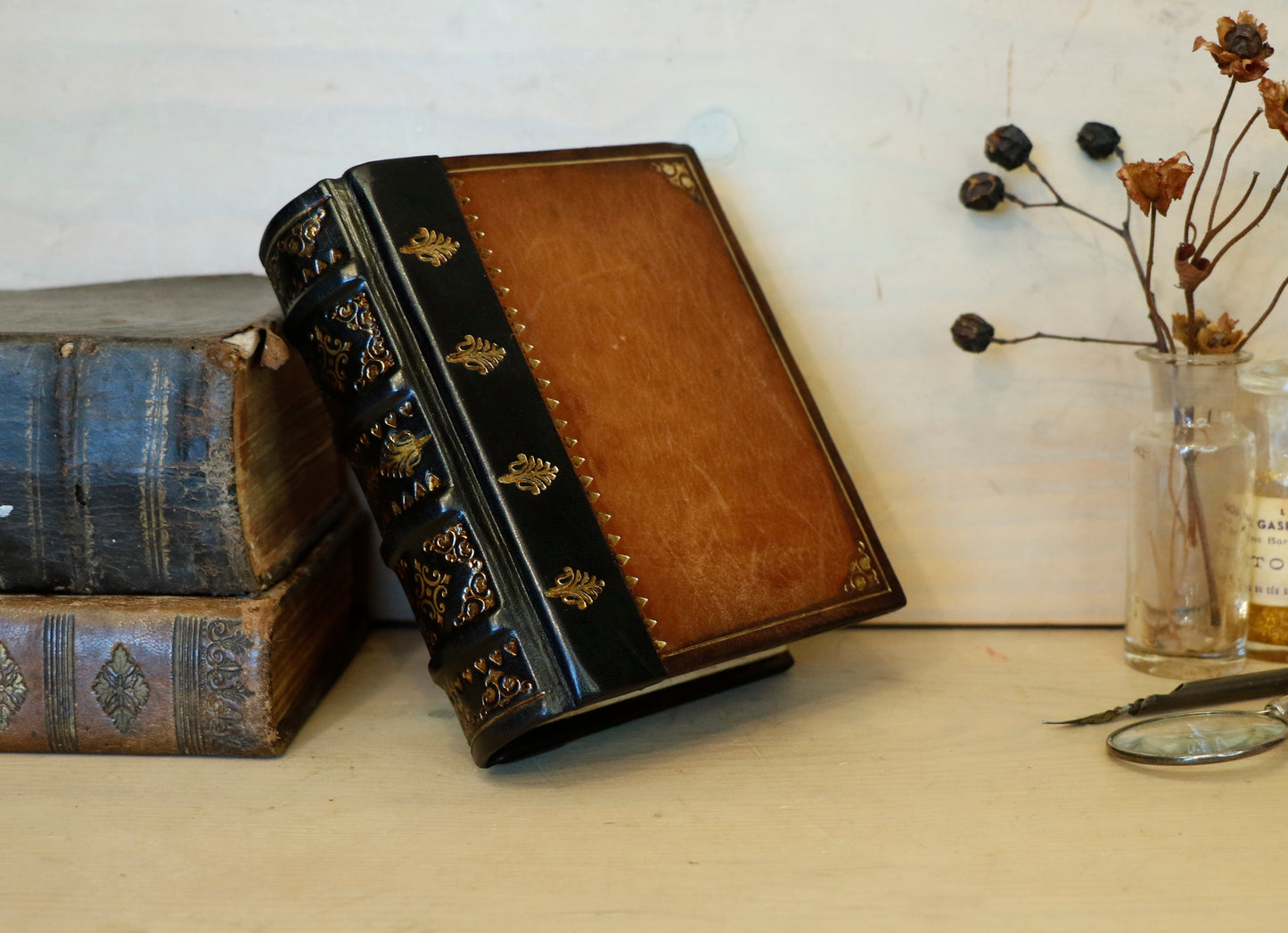 Vintage leather journal, Tooled decoration - Mystic Sunset