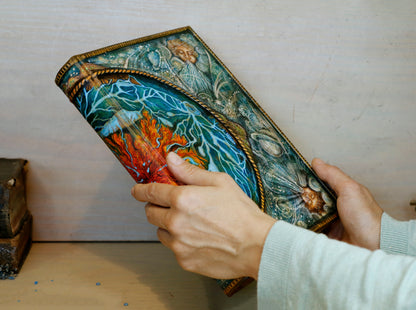 Hand-painted Leather Journal, One of a Kind blank book - Mundus Subterraneus, Aquatic System