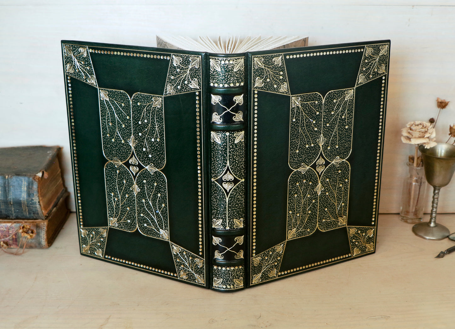 Dark Green Leather Journal with Gold Tooled Decoration. Romantic Journey