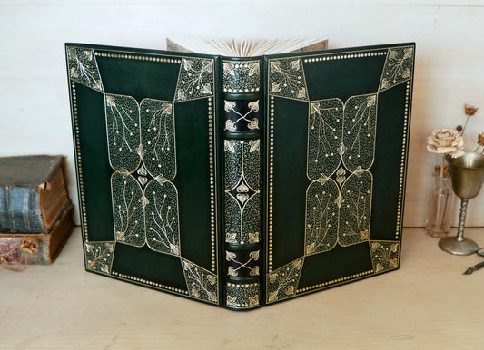 Dark Green Leather Journal with Gold Tooled Decoration. Romantic Journey