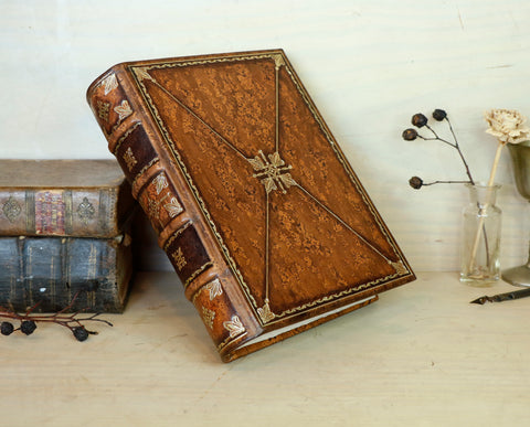 Hand Marbled Leather Journal, Worn brown with gold tooled decoration, Always Remember