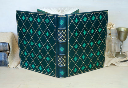 Dark Green Leather Journal with gold and green tooled decoration. Emerald Garden