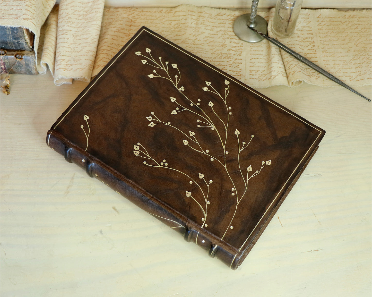 Antiqued Brown Leather Journal with Gold Tooled Decoration, Branches of Memory