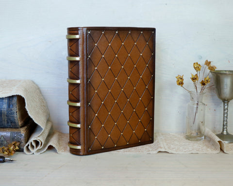 Brown Red Leather Journal with Tooled Decoration, Antiqued leather notebook - Sienna Sunset II