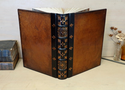 Antiqued leather journal, brown leather, Gold tooled decoration. Once Upon a Time
