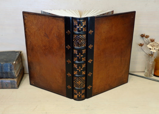 Antiqued leather journal, brown leather, Gold tooled decoration. Once Upon a Time