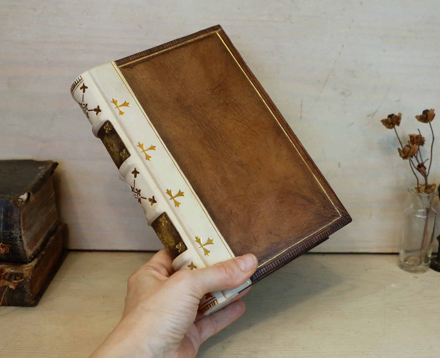 Vintage leather journal, Brown and white leather with Gold tooled decoration. The Book of Light