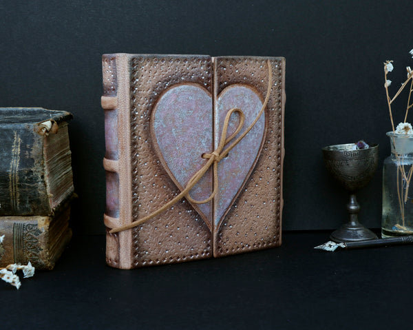 Natural Leather Journal with Silver Pink Heart Decoration, "Sparks"