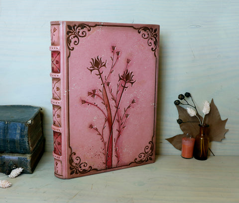 Pink Leather Journal with brown floral decoration. La Vie en Rose