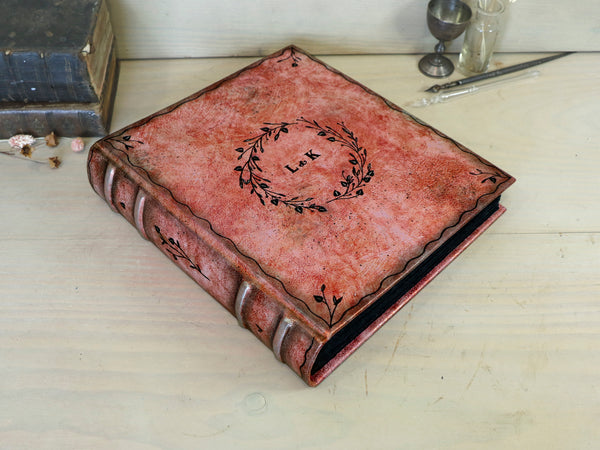 Photo album / Scrapbook / Guestbook, Silver red leather with floral decoration, Custom Monogramming