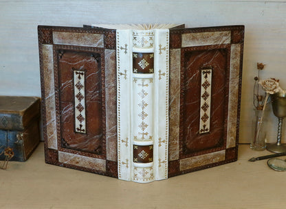 Brown Red Leather Journal with Tooled Decoration, White leather spine - Sienna Sunset