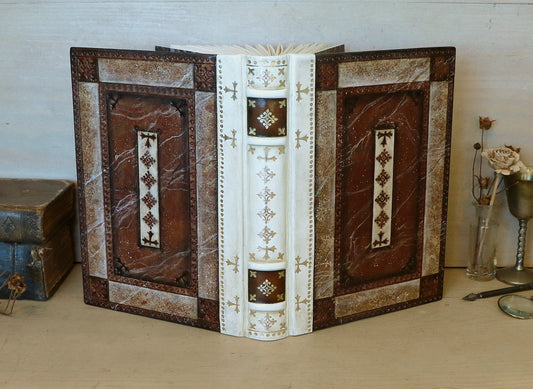 Brown Red Leather Journal with Tooled Decoration, White leather spine - Sienna Sunset