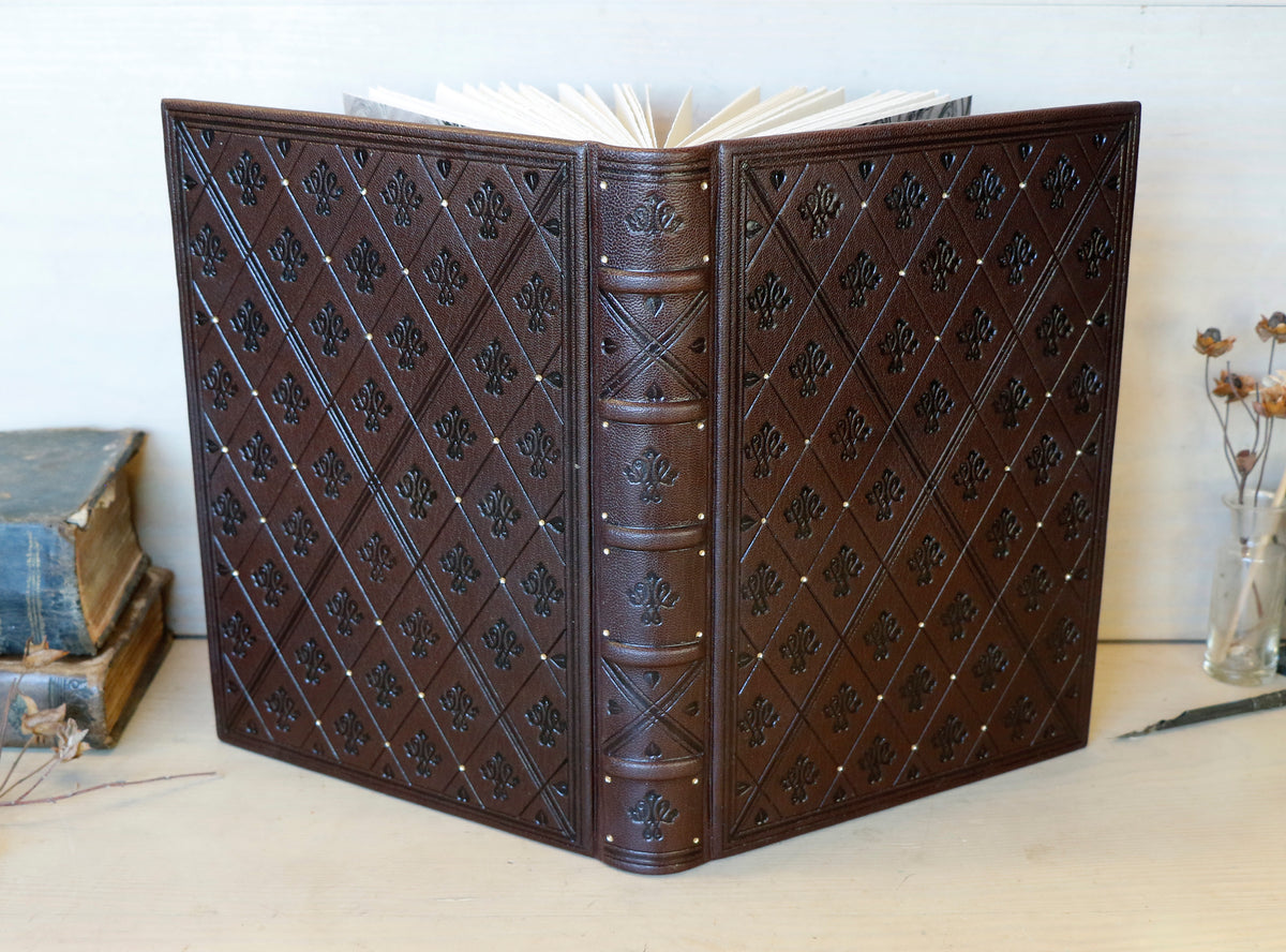 Brown leather journal with blind tooled decoration. One of a Kind. Dark Chocolate