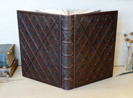 Brown leather journal with blind tooled decoration. One of a Kind. Dark Chocolate