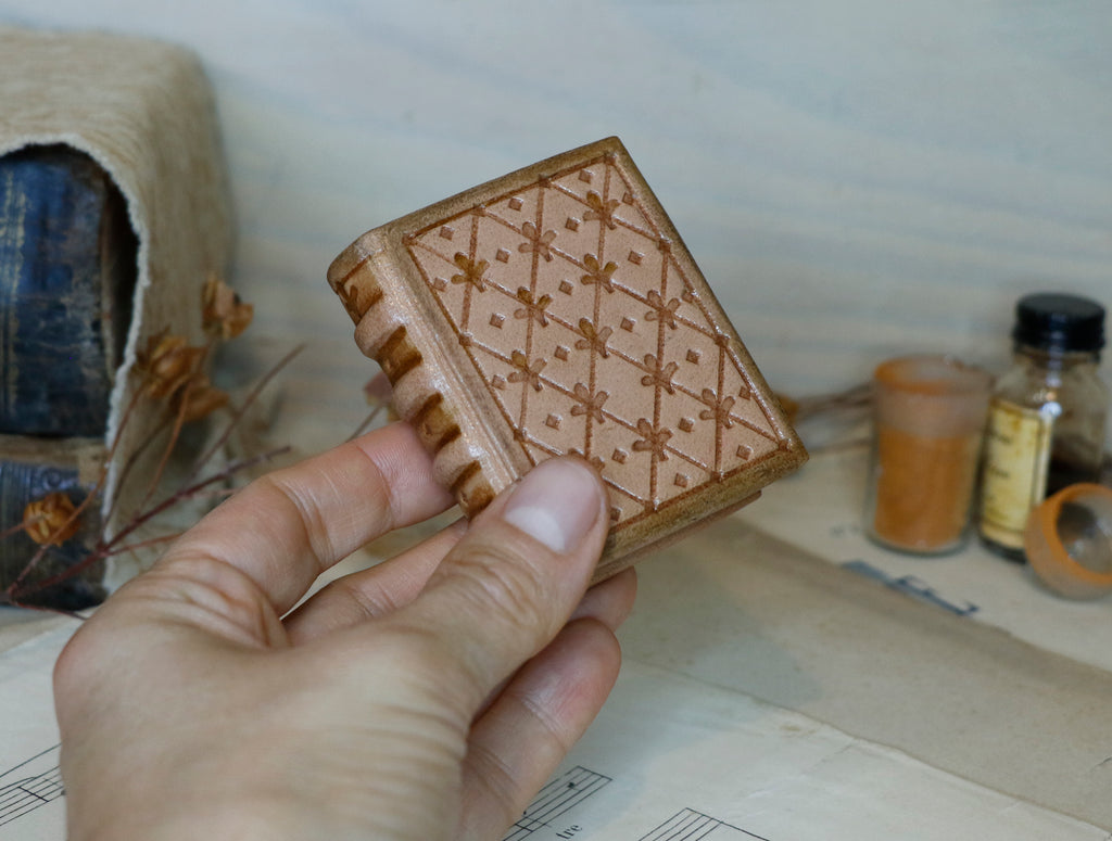 Miniature leather journal, Natural leather, tooled decoration