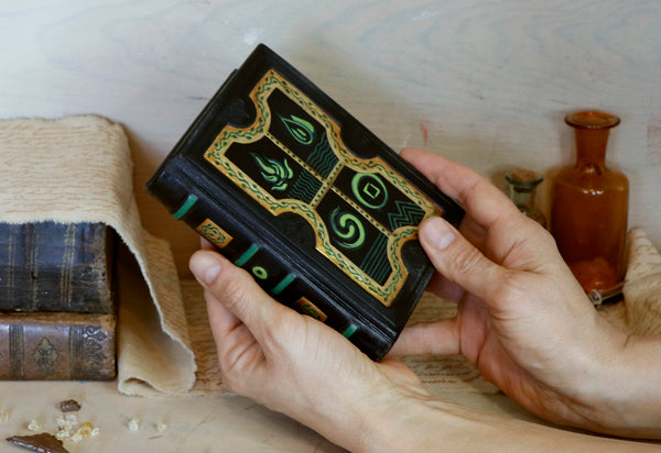 Small alchemic leather journal with painted decoration, Green and gold on black antiqued leather - Four Elements of the Universe