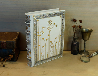 Ivory Dreams. White leather journal with gold and silver tooled decoration. One of a kind.