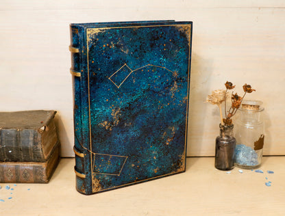 Polaris. Blue leather journal with hand marbled decoration. One of a Kind