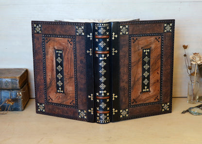 Brown Red Leather Journal with Tooled Decoration, Black leather spine - Sienna Sunset