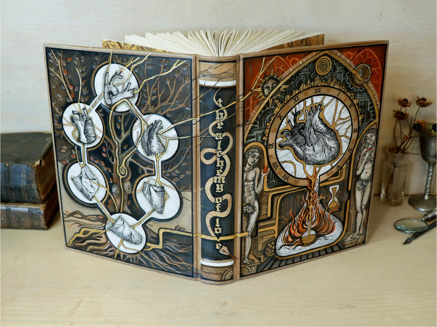 Handpainted Leather Blank Book with Original Artwork - The Alchemy of Love. One of a Kind.