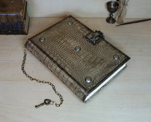 Journal with Lock and Key, Antique Crocodile Textured Leather - "The Collector"