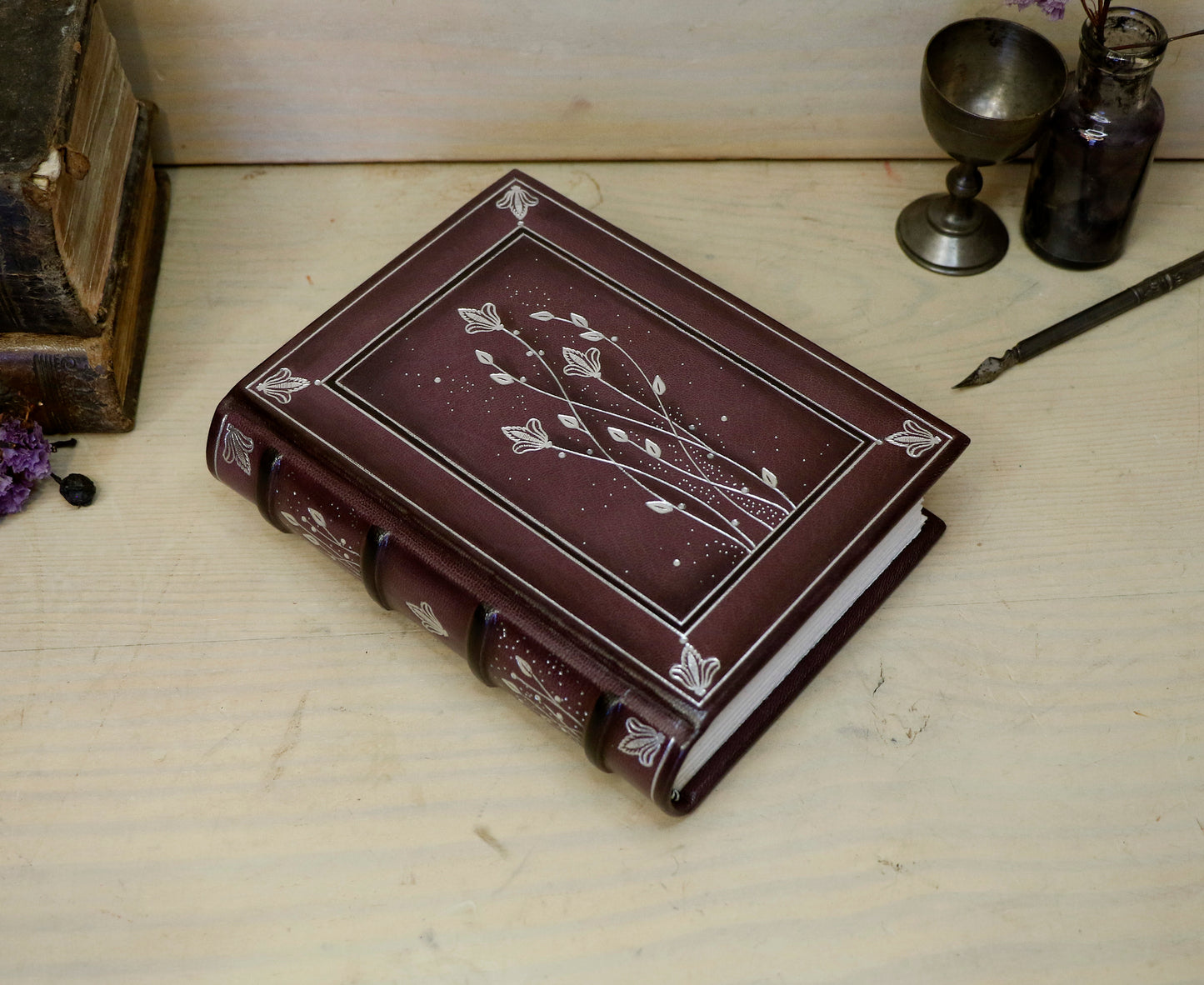 Burgundy Leather Journal with Silver Tooled Decoration. Silver Moon Bloom. One of a Kind