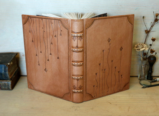 Natural leather journal with tooled decoration - The Amber Meadow