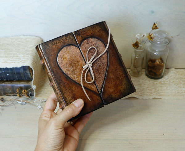 Heart Book - Brown Leather Journal with painted decoration - "With Love"