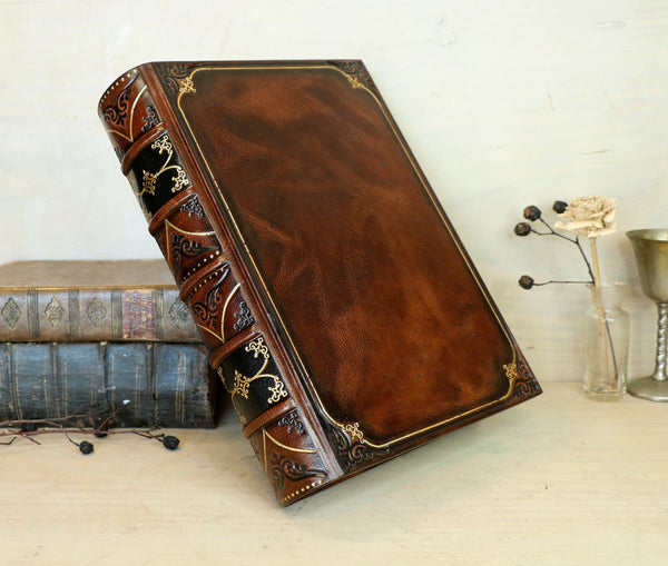 Antiqued leather journal, brown red leather, Gold tooled decoration. Once Upon a Time