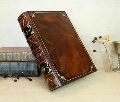 Antiqued leather journal, brown red leather, Gold tooled decoration. Once Upon a Time