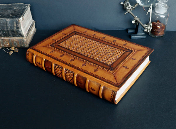 Brown Orange Leather Journal with hand tooled decoration - Copper Shine