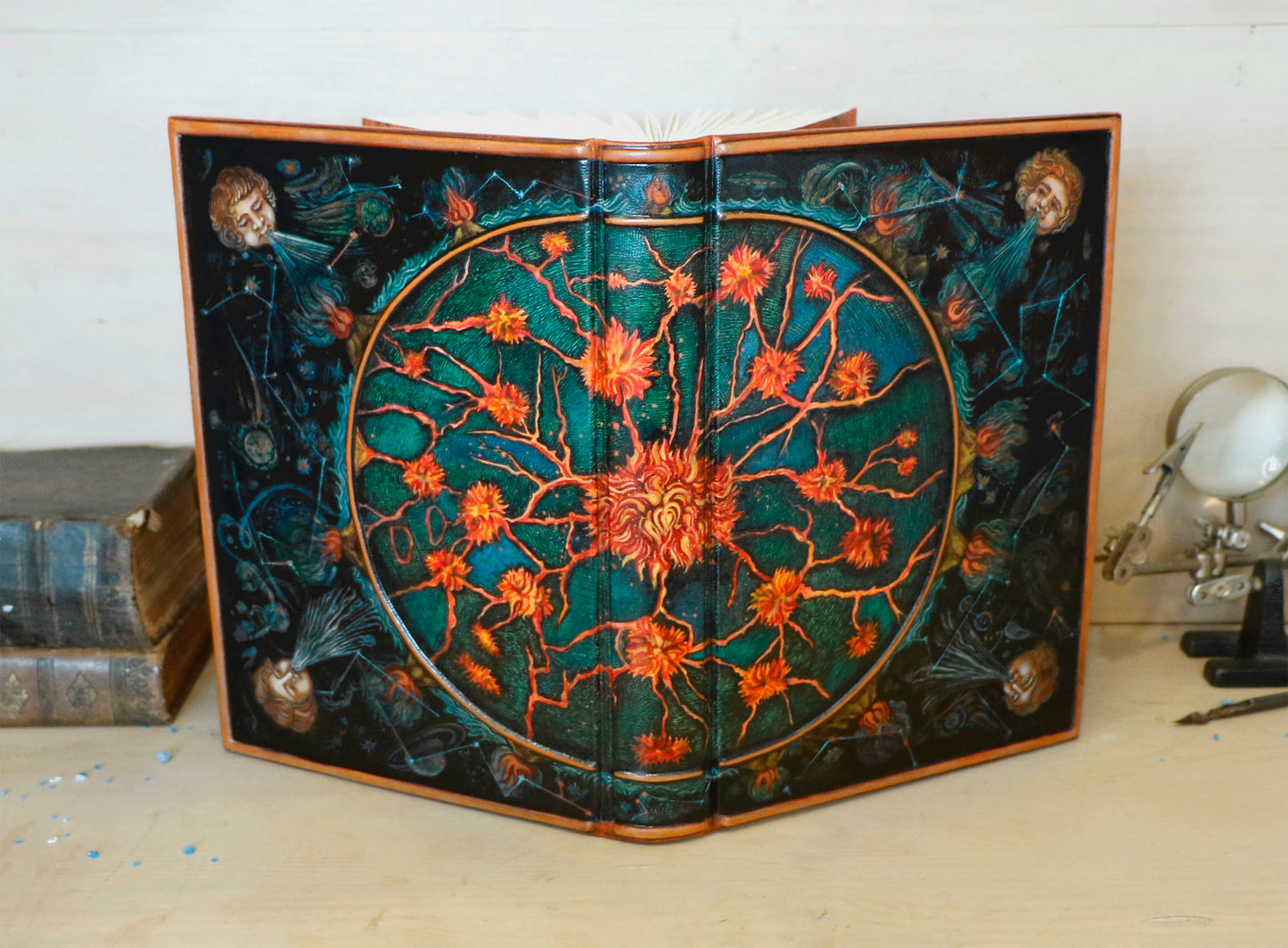 Hand-painted Leather Journal, One of a Kind blank book - Mundus Subterraneus, Internal Fires