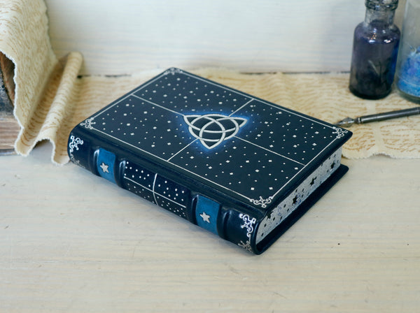 Dark blue leather journal with Silver tooled decoration and Painted edges - Magic Triquetra