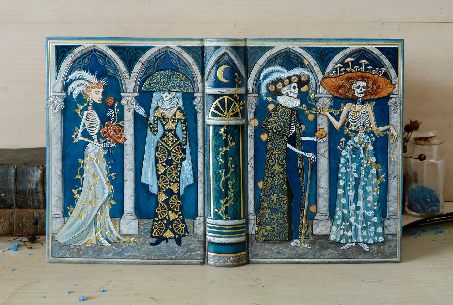 Handpainted Leather Journal / Blank Book with Original Artwork - A Dance Macabre of the Feminine Devine. One of a Kind