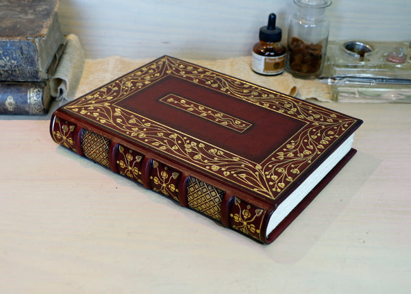 Burgundy leather journal with hand tooled gold decoration, Precious Moments