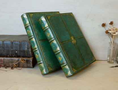 Green Leather Journal with gold tooled decoration and Gilded Edges. The Gilded Garden