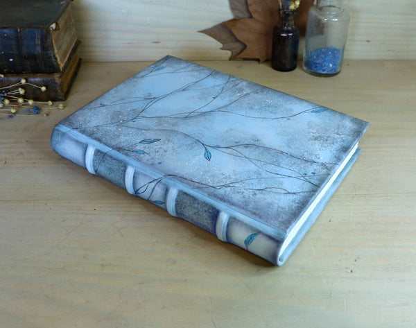Light blue leather journal with tooled and painted decoration. One of a kind. Azure Mist