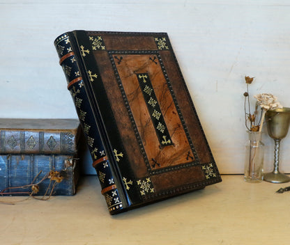 Brown Red Leather Journal with Tooled Decoration, Black leather spine - Sienna Sunset