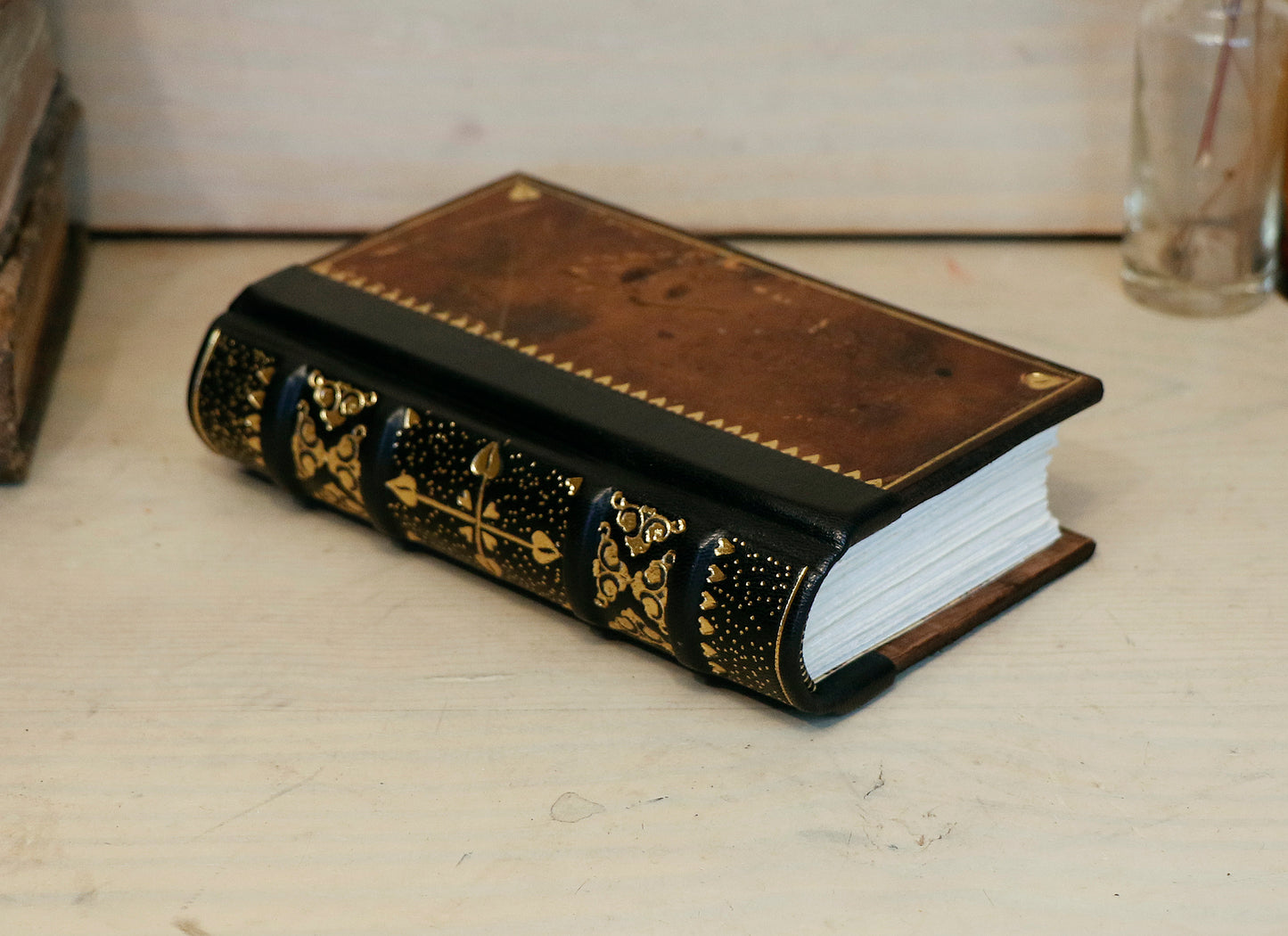 Small Vintage Leather Journal, Worn brown leather with Gold tooled decoration, Always Remember