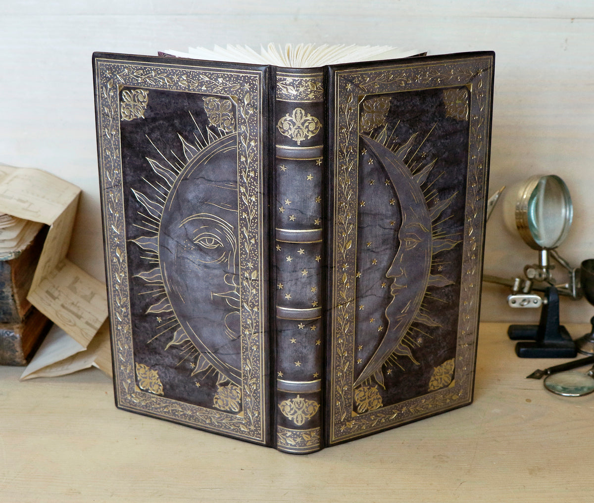 Antique Grey Leather Journal with gold decoration. Alchemic Journey. One of a Kind.