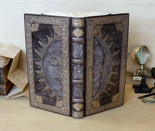 Antique Grey Leather Journal with gold decoration. Alchemic Journey. One of a Kind.