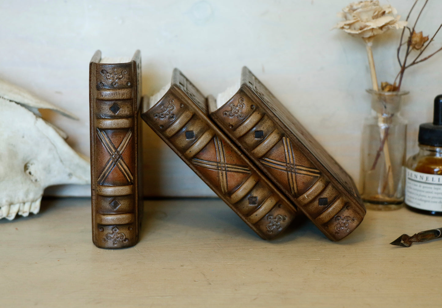 Natural leather journal, Tooled decoration - Orange Sunset