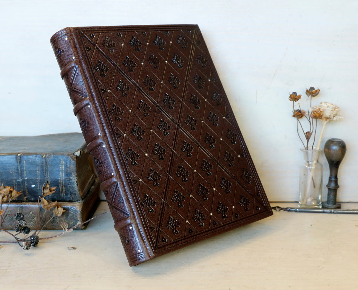 Brown leather journal with blind tooled decoration. One of a Kind. Dark Chocolate