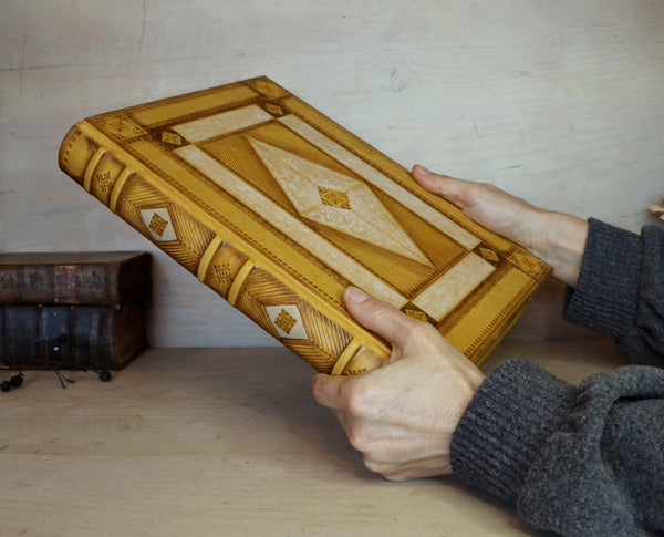 Antiqued yellow leather journal with tooled decoration. Romantic Sunset II