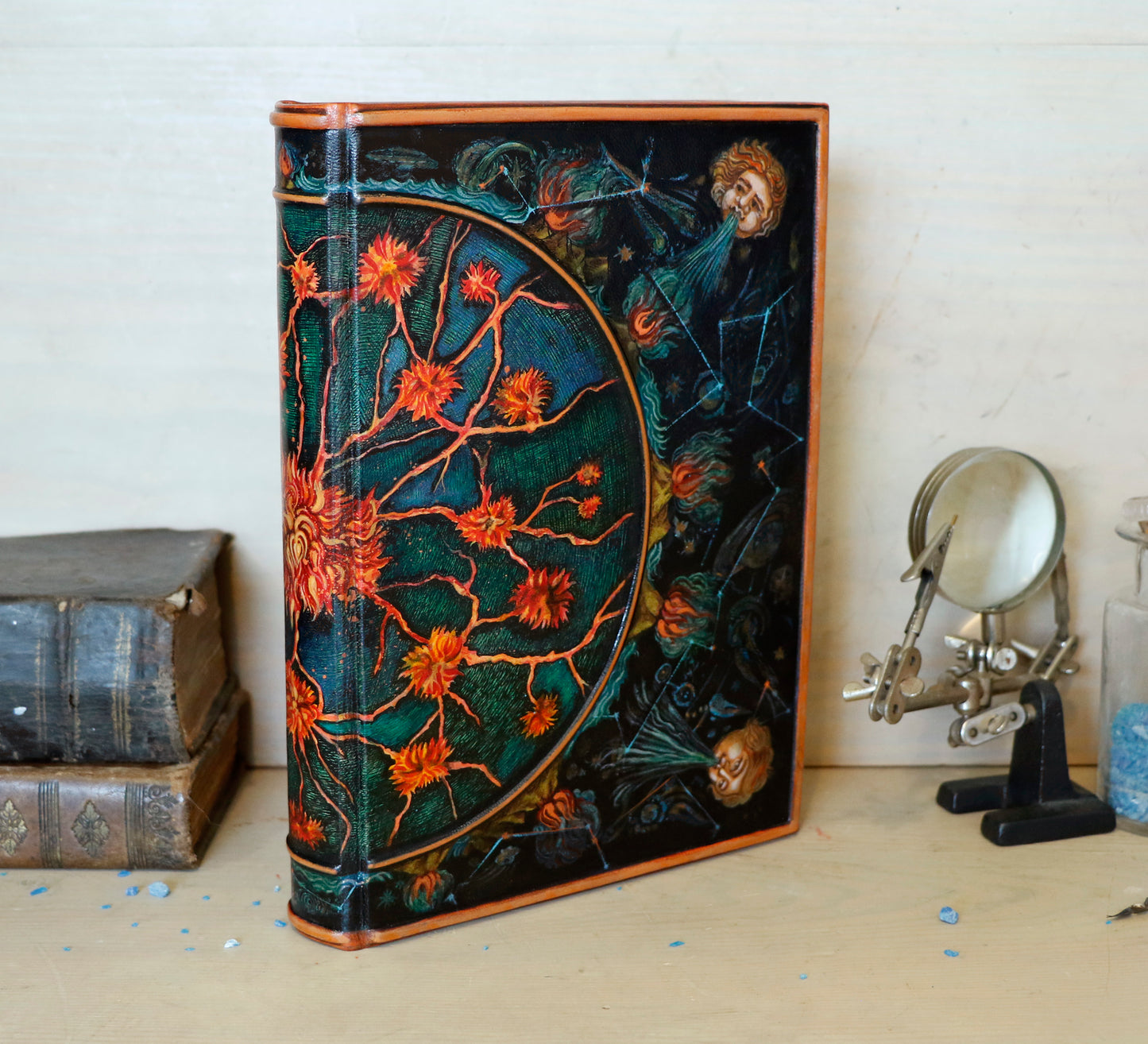 Hand-painted Leather Journal, One of a Kind blank book - Mundus Subterraneus, Internal Fires