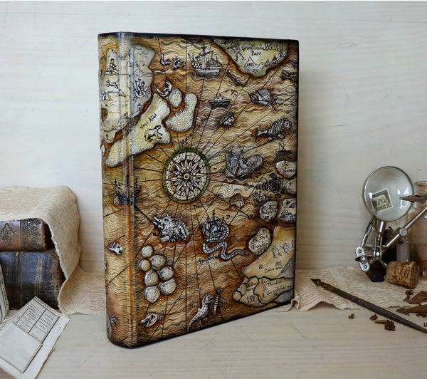 Handpainted leather journal, Artist paper, "Carta Marina". One of a Kind