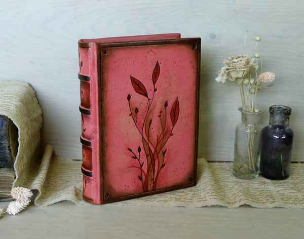 Pink Leather Journal with red floral decoration. Passion of Life