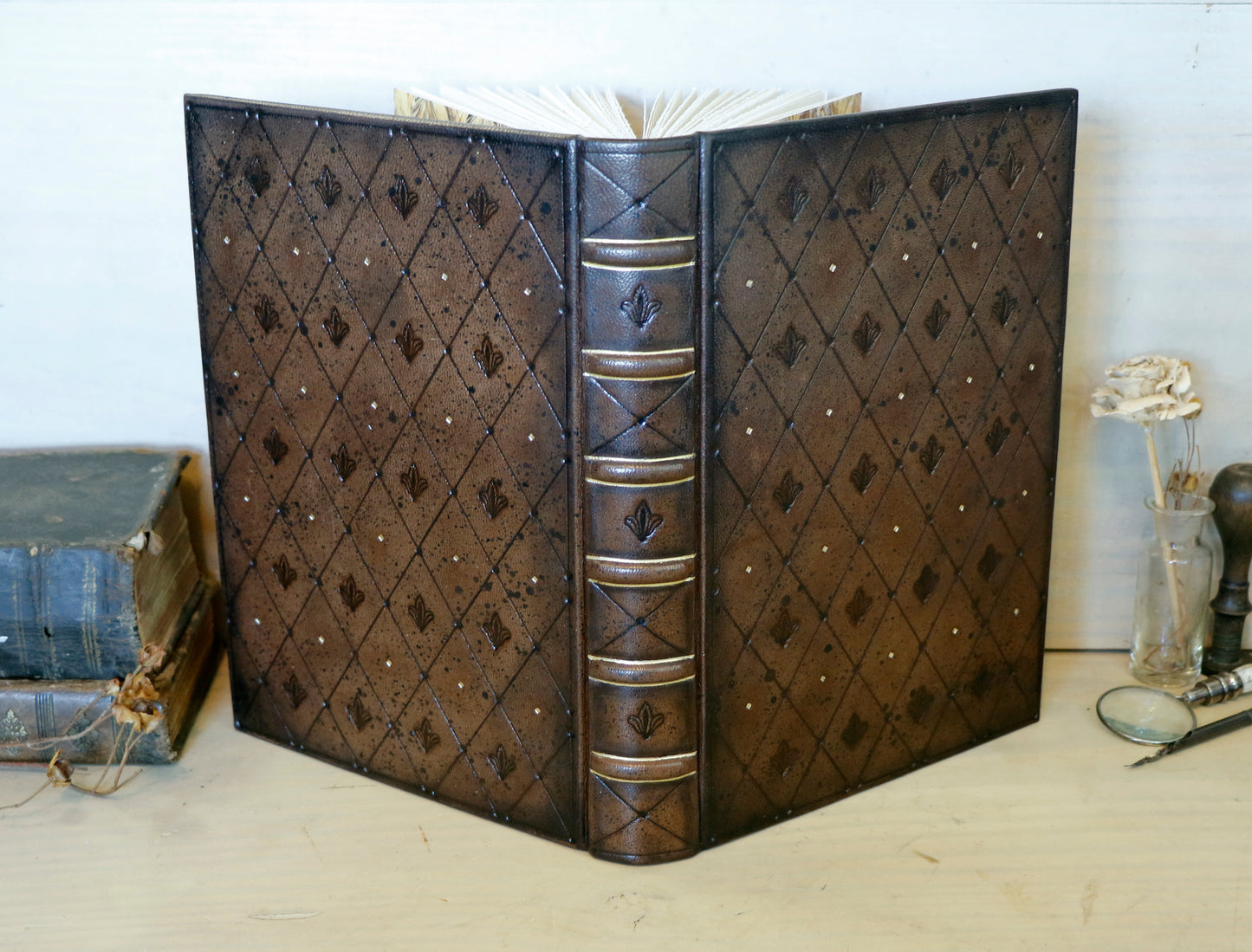 Brown leather journal with tooled diamond decoration. One of a Kind.